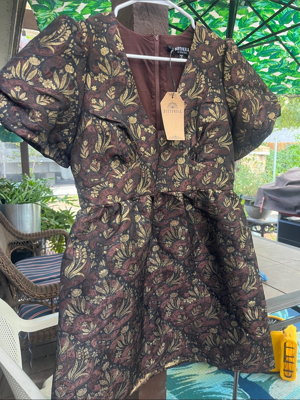 Disturbia NWT Rena Snake Jacquard Puff Sleeve Mini Dress Brown Gold Metallic Sz8 - Picture 1 of 17
